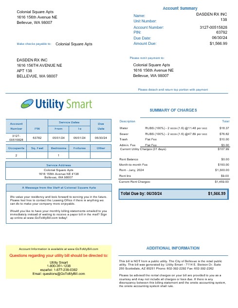 USA Arizona Utility Smart business utility bill template in Word and PDF formats